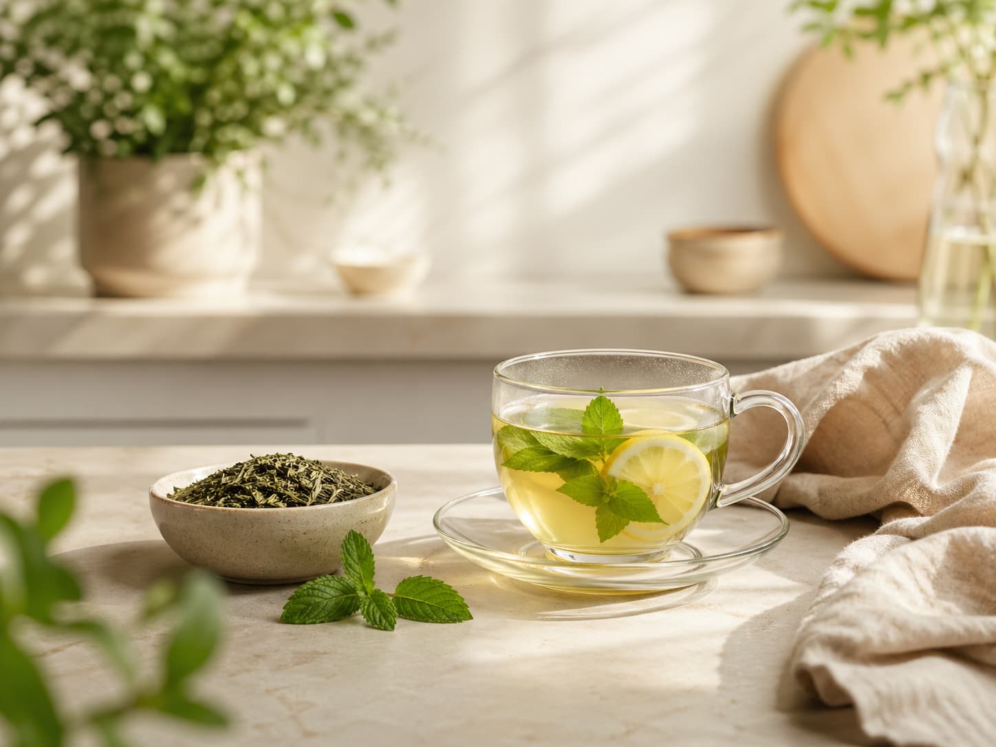 Warm tea with lemon and mint on a bright kitchen counter