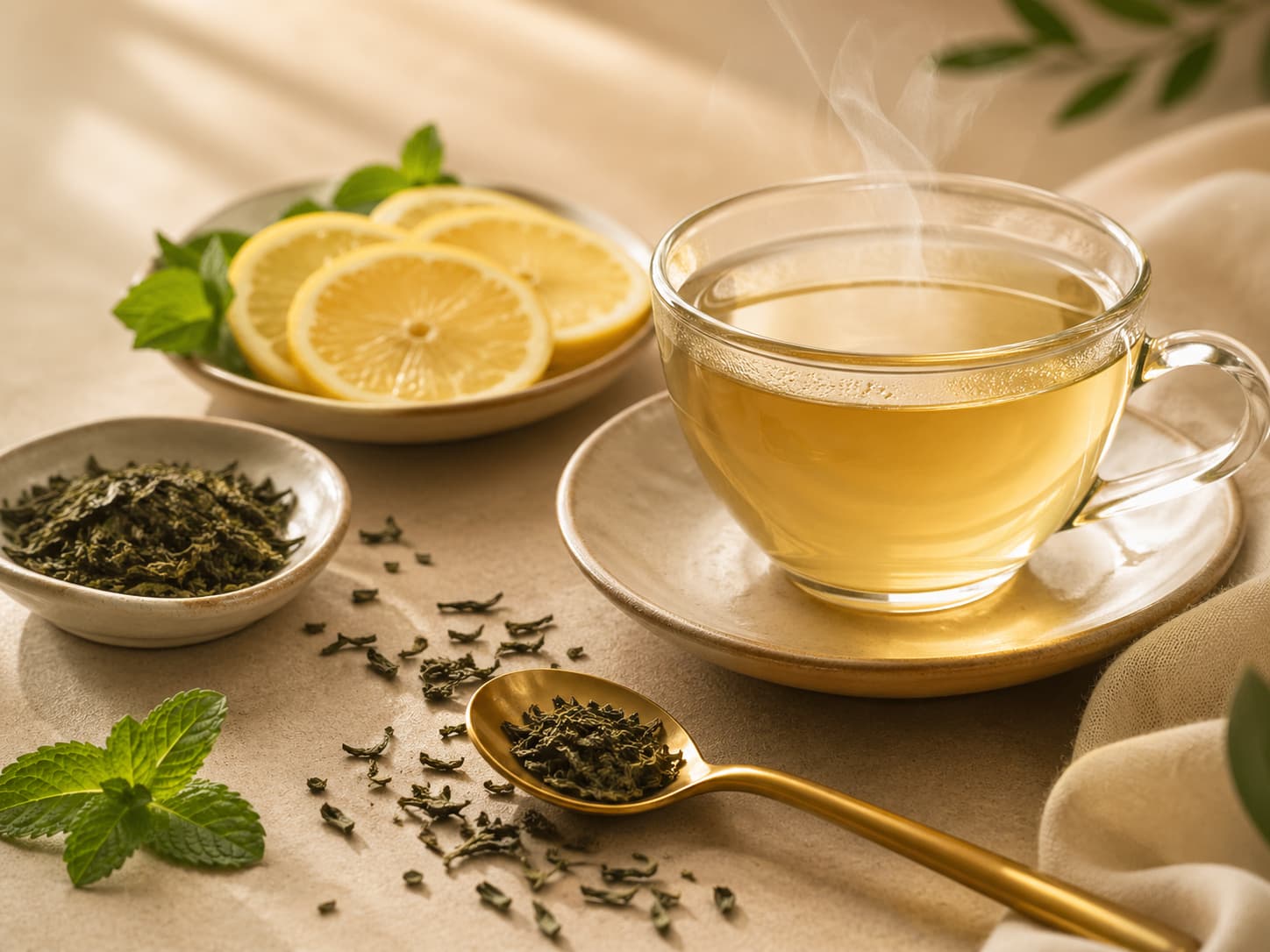Loose tea leaves, lemon slices, mint, and a spoon representing a simple tea wellness habit
