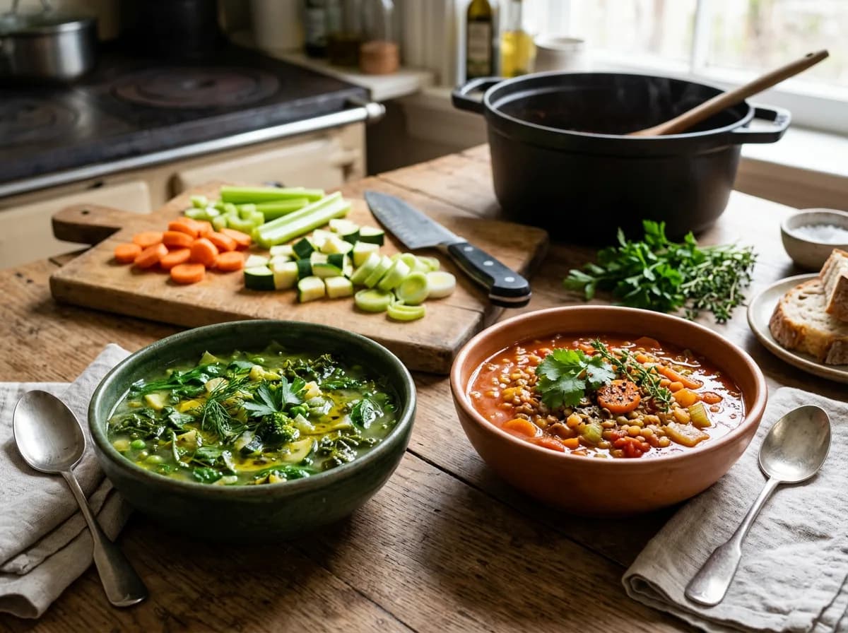 Two bowls of homemade vegetable soup with fresh vegetables