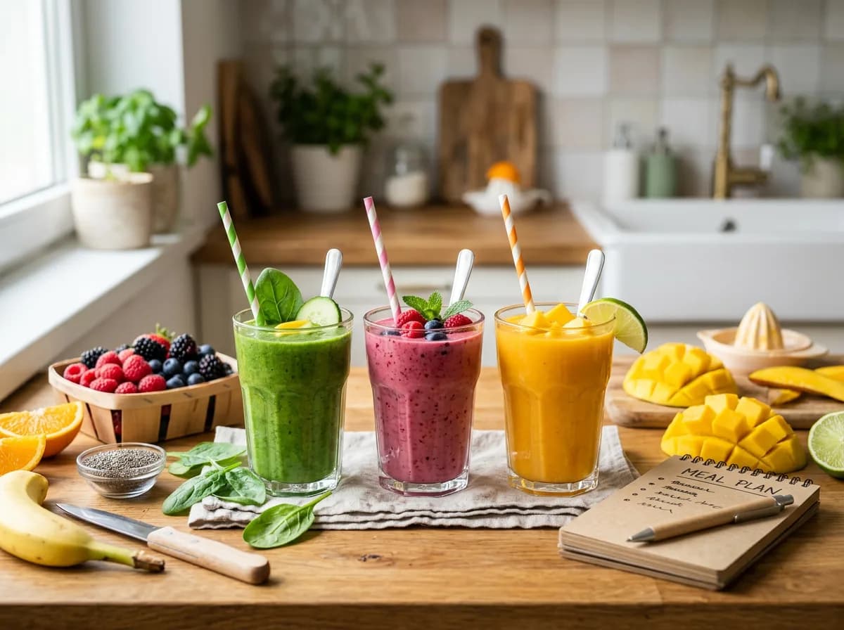 Three colorful smoothies with fresh fruit and a meal plan notebook
