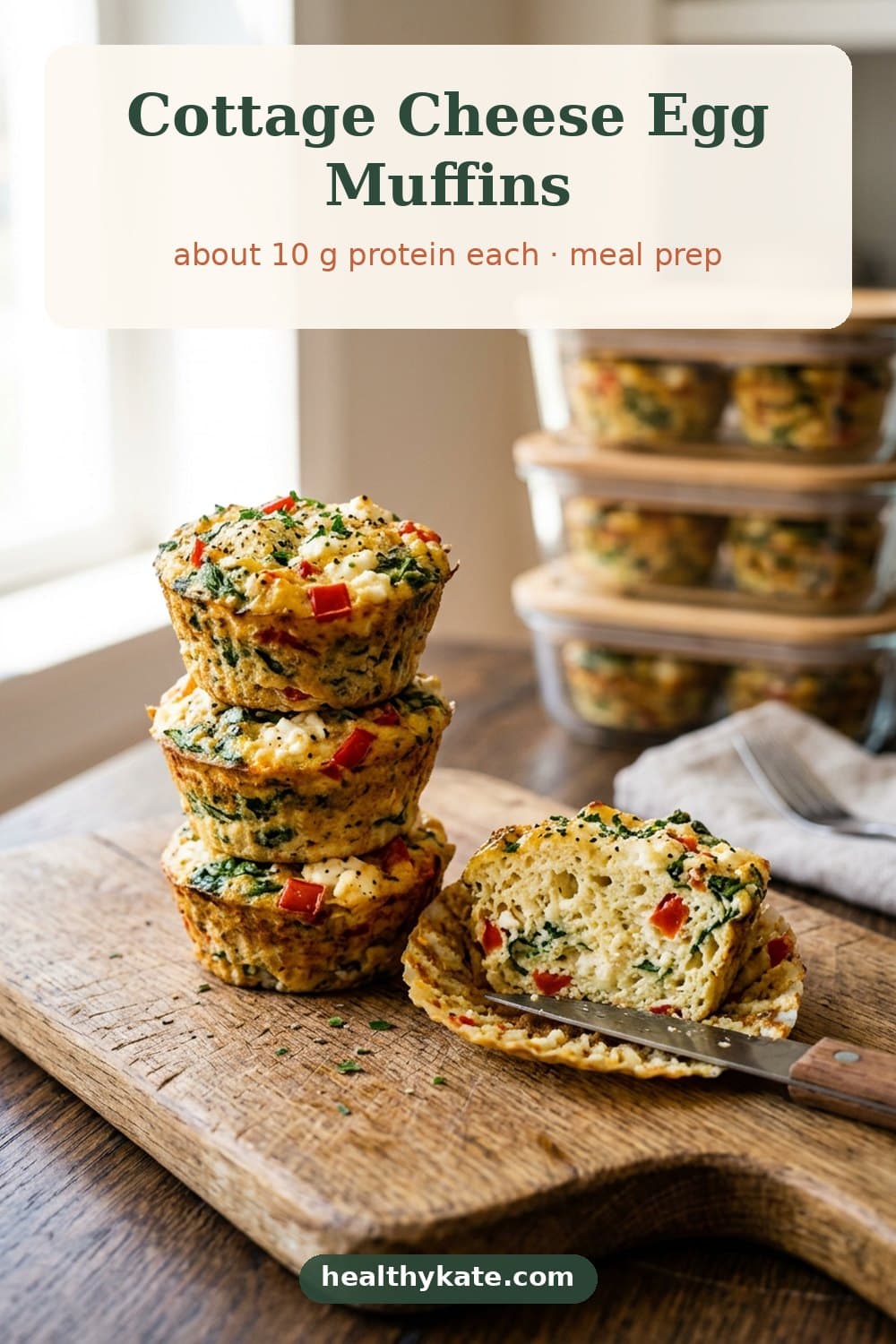 Stack of cottage cheese egg muffins with spinach and red pepper on a wooden board, one cut open, with meal prep containers behind