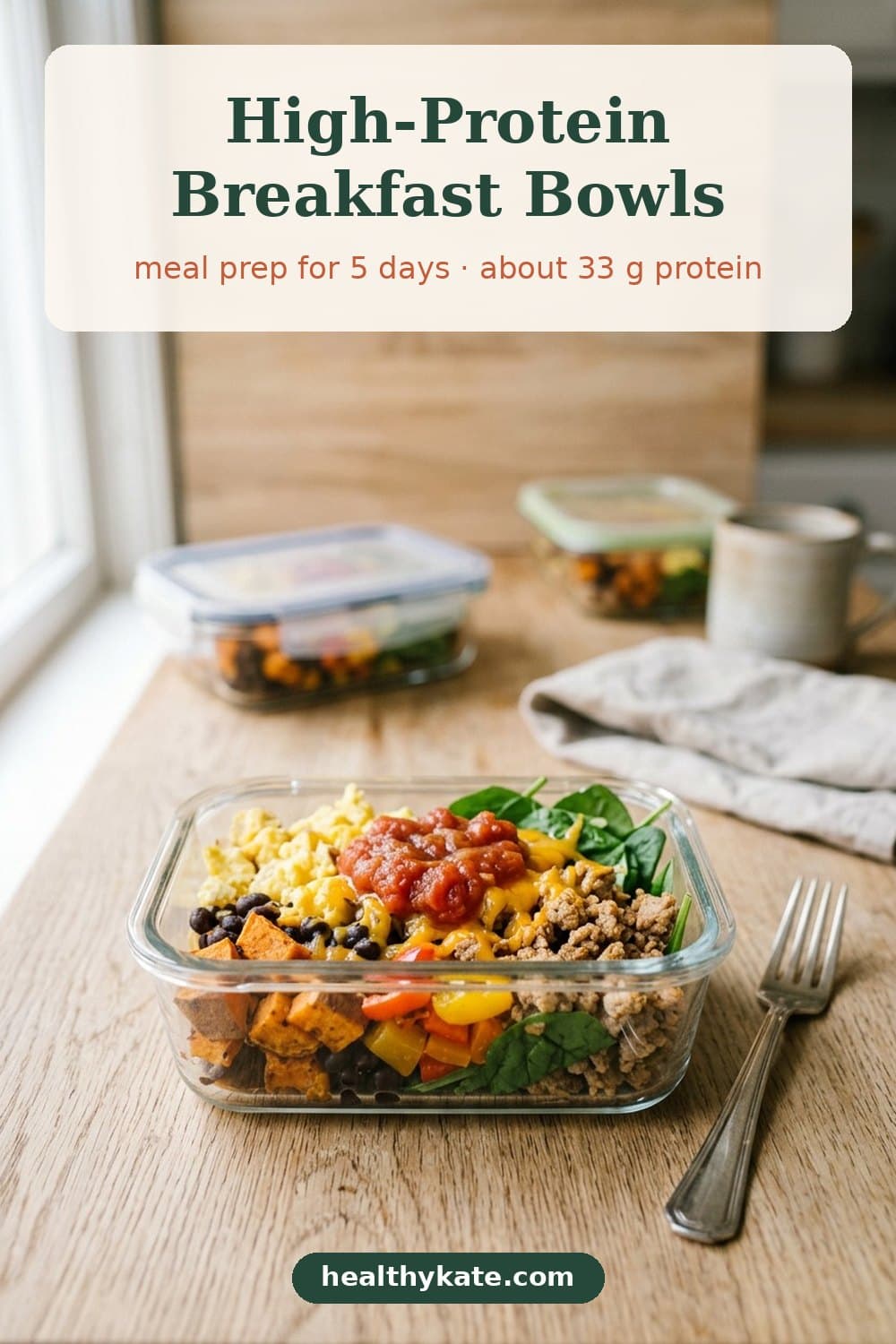 A high-protein breakfast bowl in a glass meal prep container with scrambled eggs, turkey, sweet potato, black beans, peppers, spinach and salsa