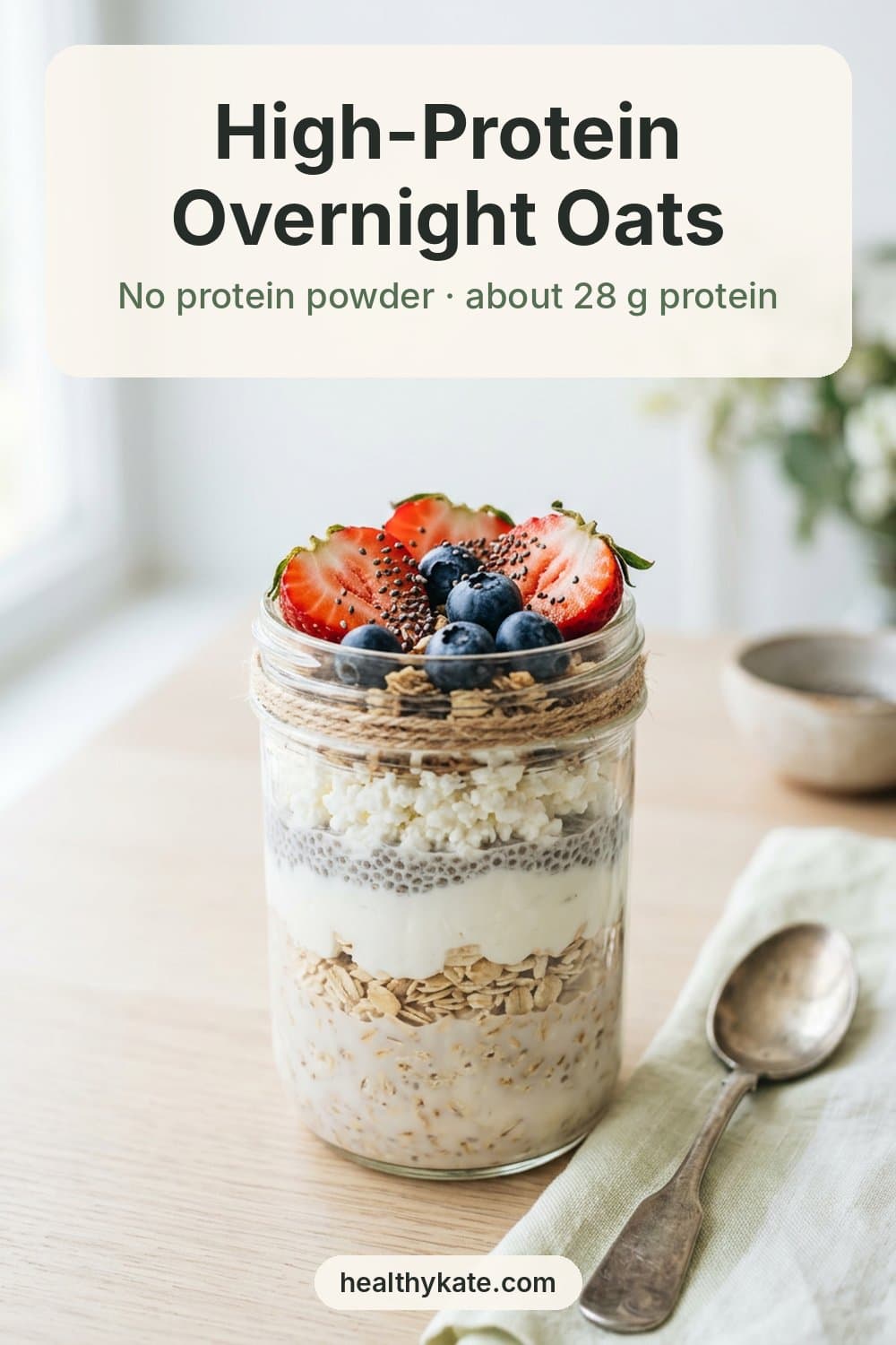 High-protein overnight oats in a jar with layers of oats, Greek yogurt, chia and cottage cheese, topped with strawberries and blueberries
