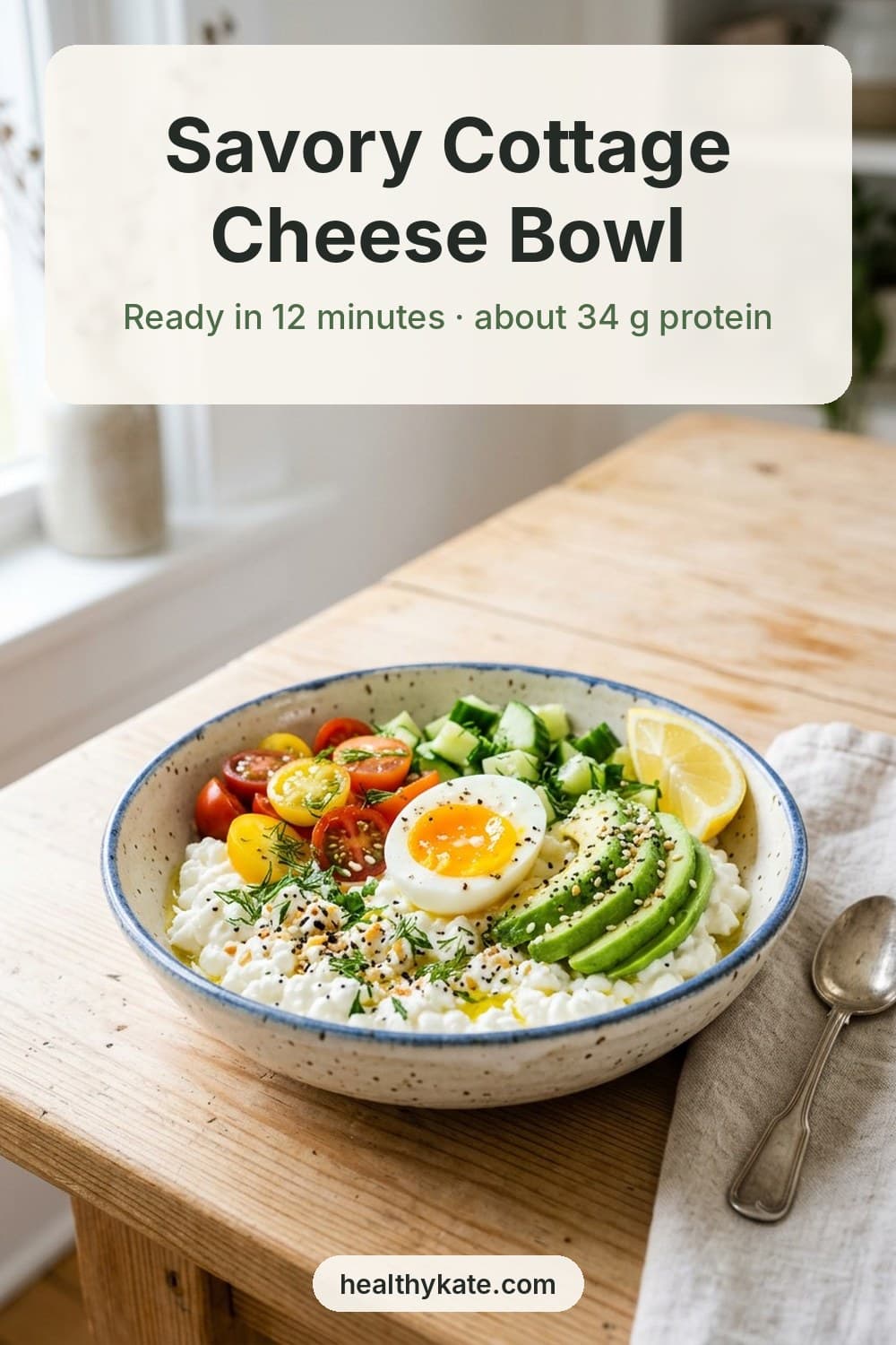 Savory cottage cheese bowl with cherry tomatoes, cucumber, avocado, a soft-boiled egg and fresh herbs on a wooden table