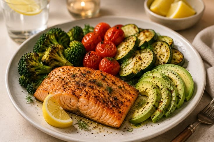 Keto salmon dinner with roasted broccoli, zucchini, cherry tomatoes and avocado