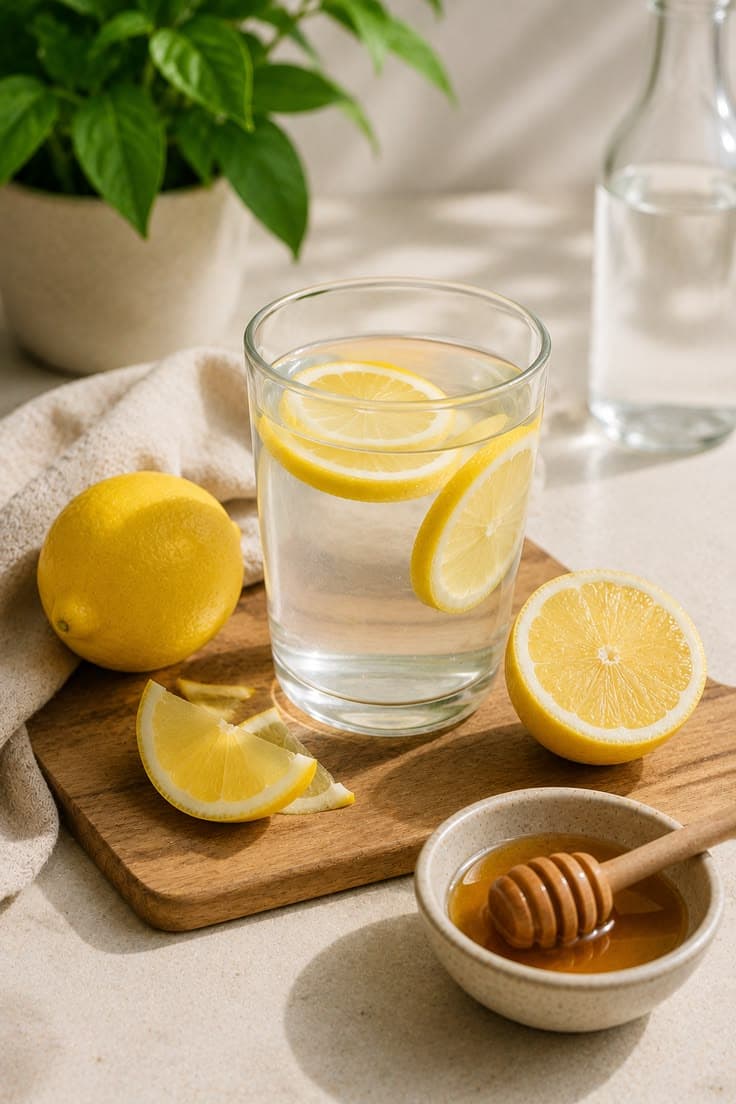 Glass of lemon water with fresh lemon slices on a bright kitchen counter in the morning