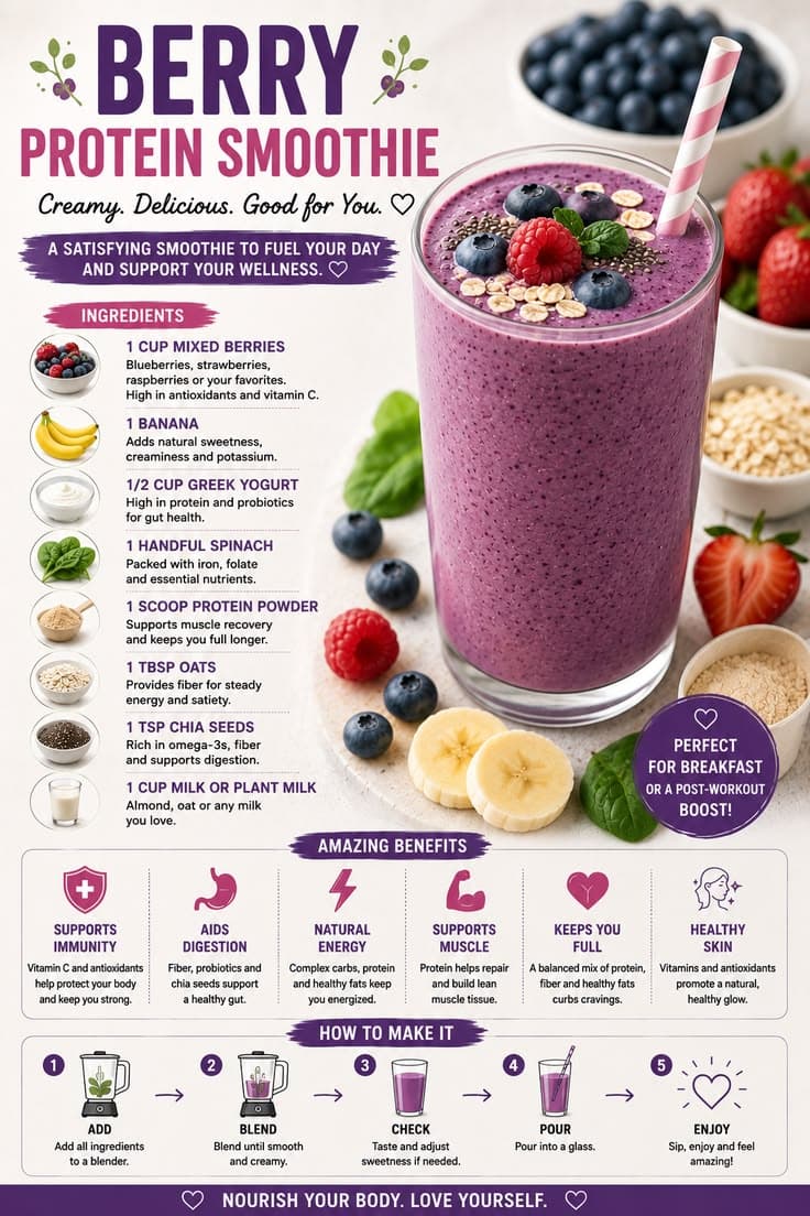 Berry protein smoothie with mixed berries, banana, Greek yogurt, spinach, oats and chia seeds