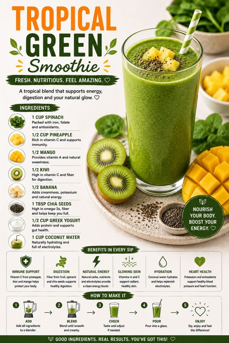 Tropical green smoothie with spinach, pineapple, mango, kiwi, banana, chia seeds and Greek yogurt