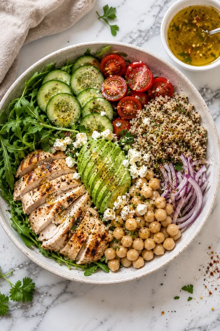 High-protein Mediterranean bowl with chicken, quinoa, chickpeas, vegetables and feta