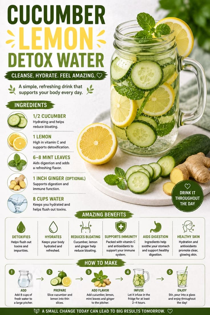 Pitcher of cucumber lemon water with mint leaves and ginger slices