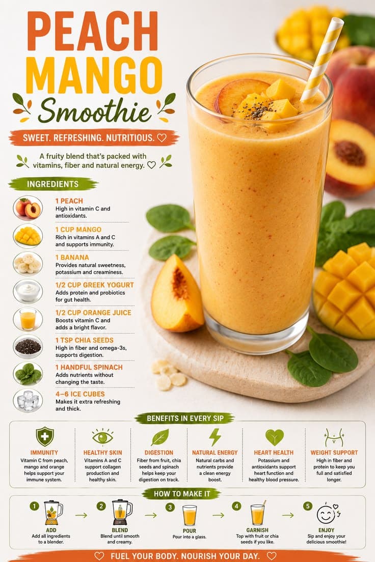 Creamy peach mango smoothie with fresh peach, mango and chia seeds