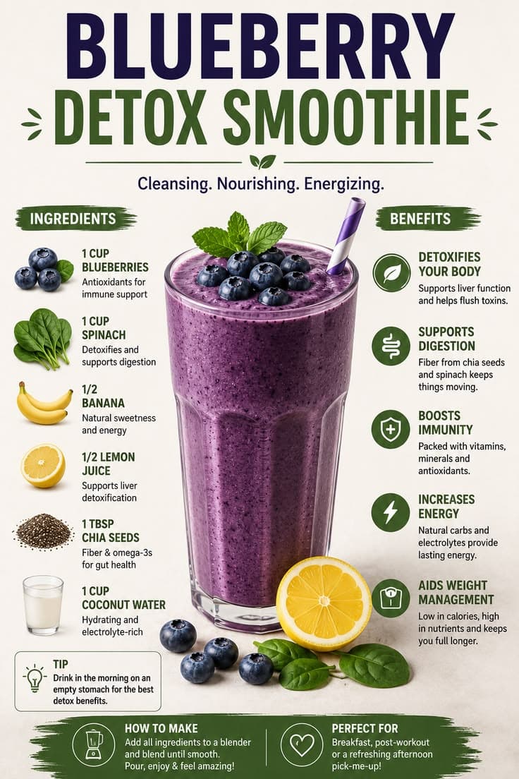 Blueberry green smoothie with spinach, banana, chia seeds and fresh blueberries
