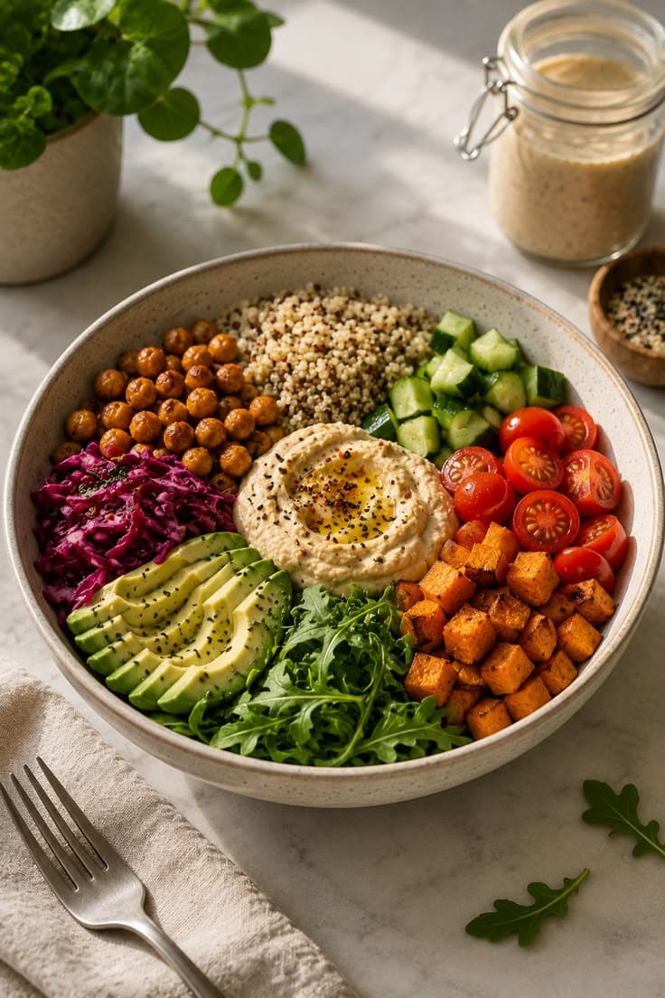 Fiber-rich Buddha bowl with chickpeas, quinoa, avocado, hummus, roasted sweet potato, cucumber, tomatoes and red cabbage