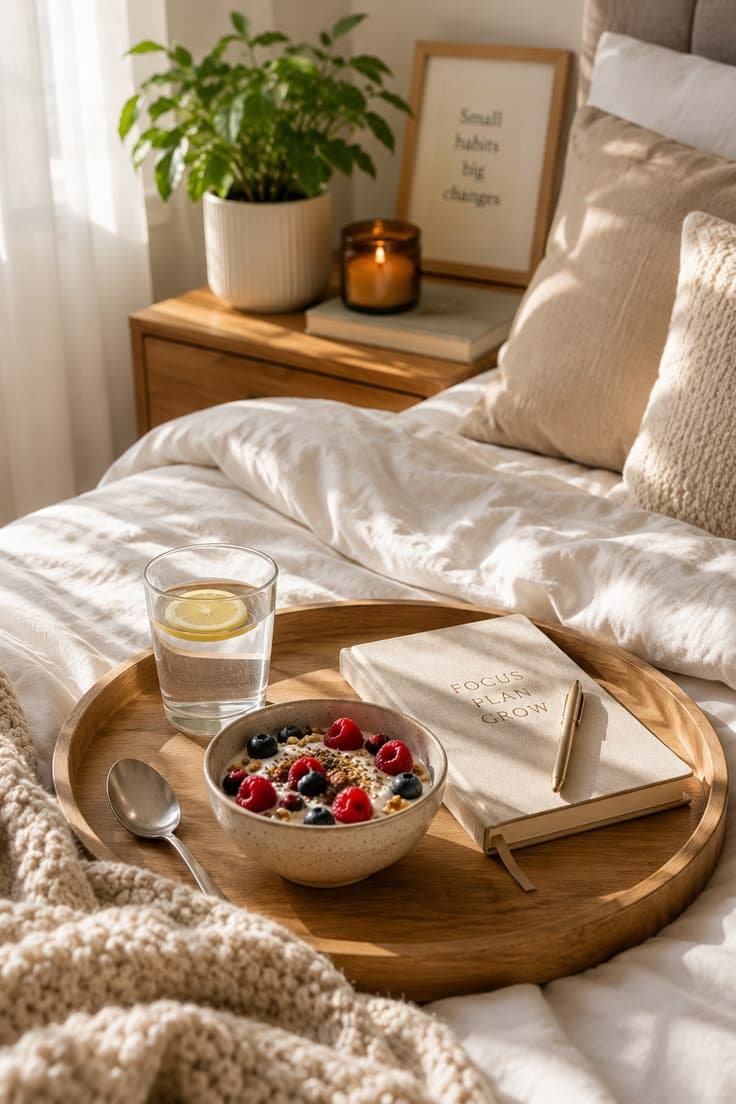 Breakfast tray on a bed with a glass of lemon water, a bowl of oats with berries and a journal in morning light