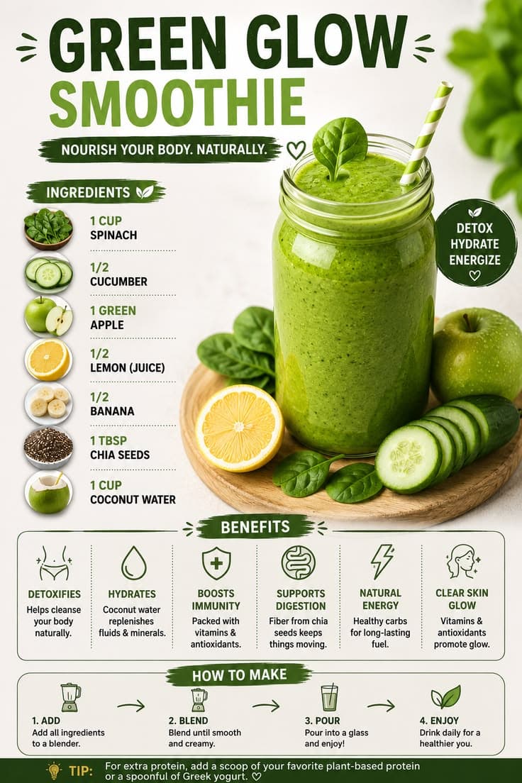 Green glow smoothie with spinach, cucumber, green apple, lemon, banana, chia seeds and coconut water