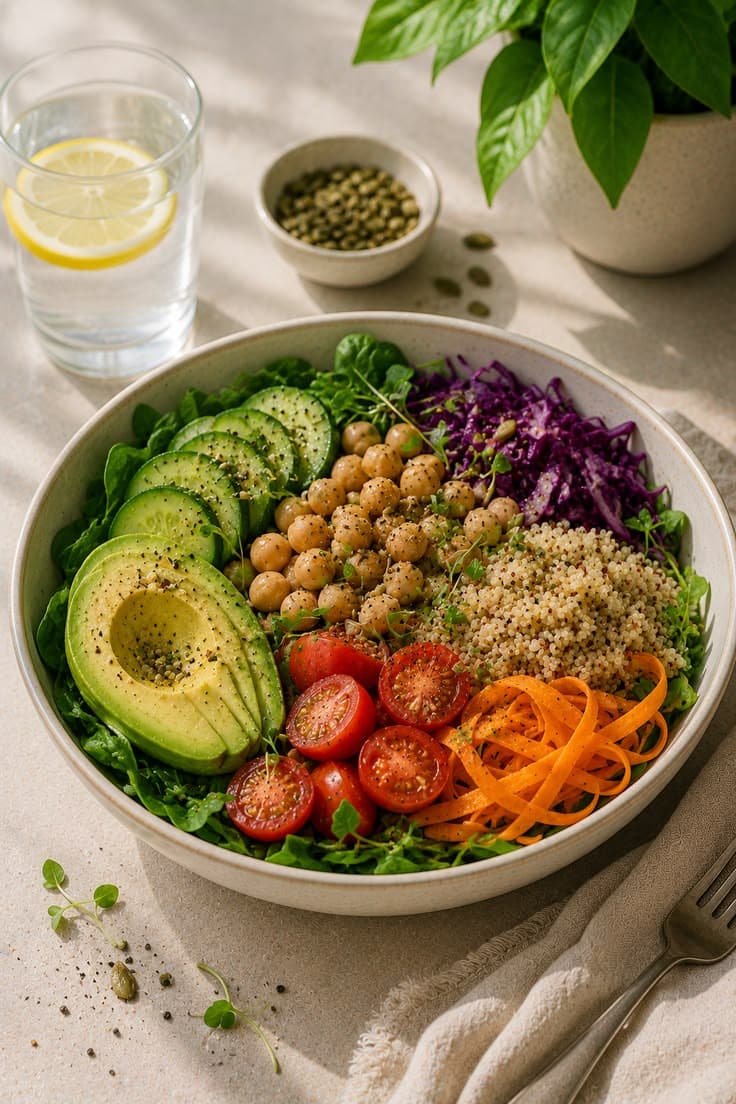 High-fiber chickpea and avocado bowl with quinoa, red cabbage, carrots and cherry tomatoes