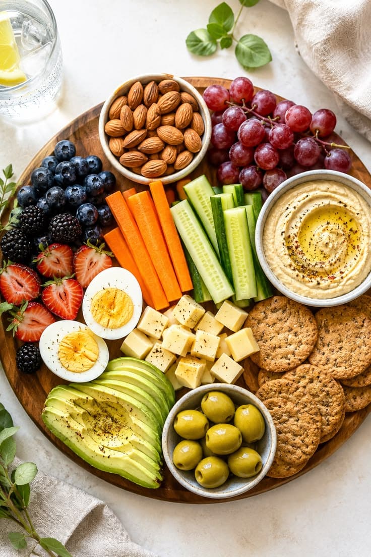 Healthy snack board with boiled eggs, hummus, almonds, avocado, cheese, berries, cucumber, carrots and olives