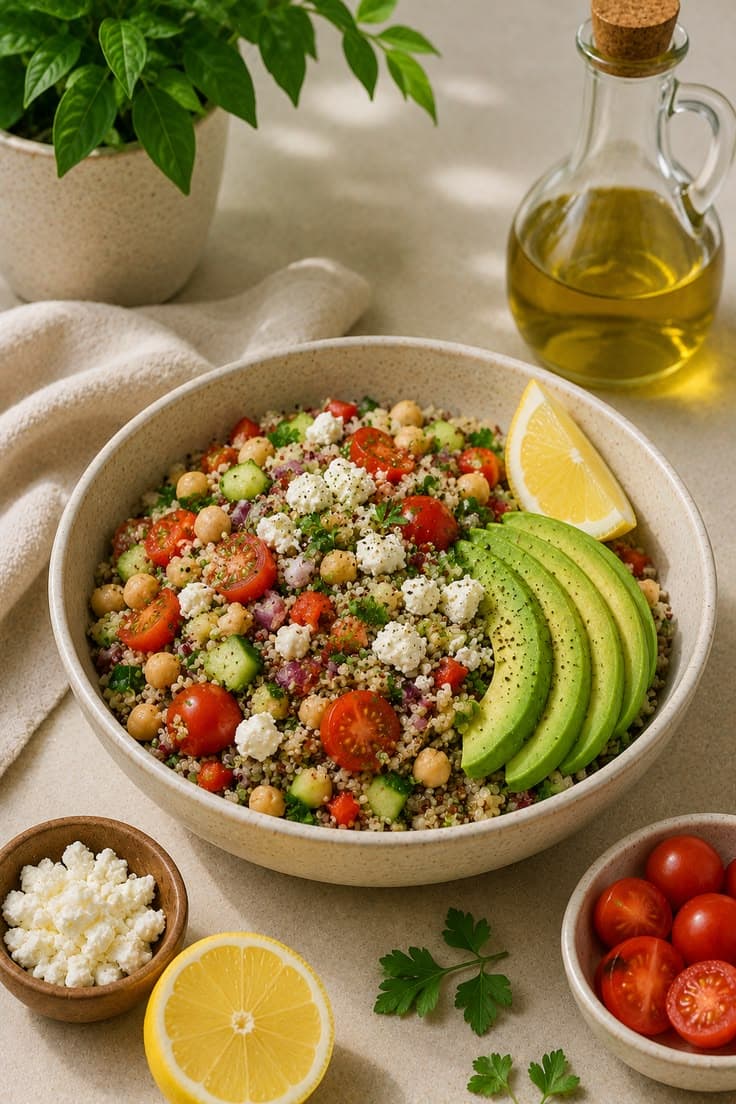 Quinoa and chickpea salad with tomatoes, feta, avocado and lemon