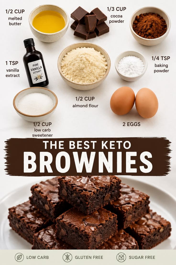 The best keto brownies with almond flour, cocoa, butter, eggs and low carb sweetener