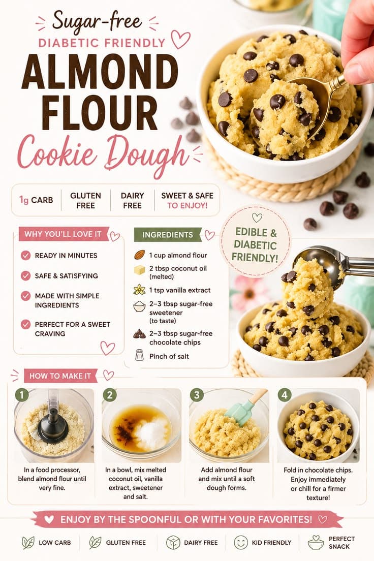 Bowl of edible almond flour cookie dough with sugar-free chocolate chips
