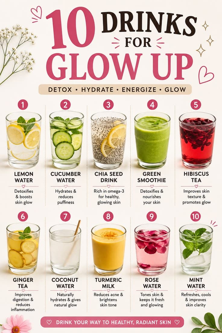 10 drinks for a glow up: lemon water, cucumber water, chia seed drink, green smoothie, hibiscus tea and more