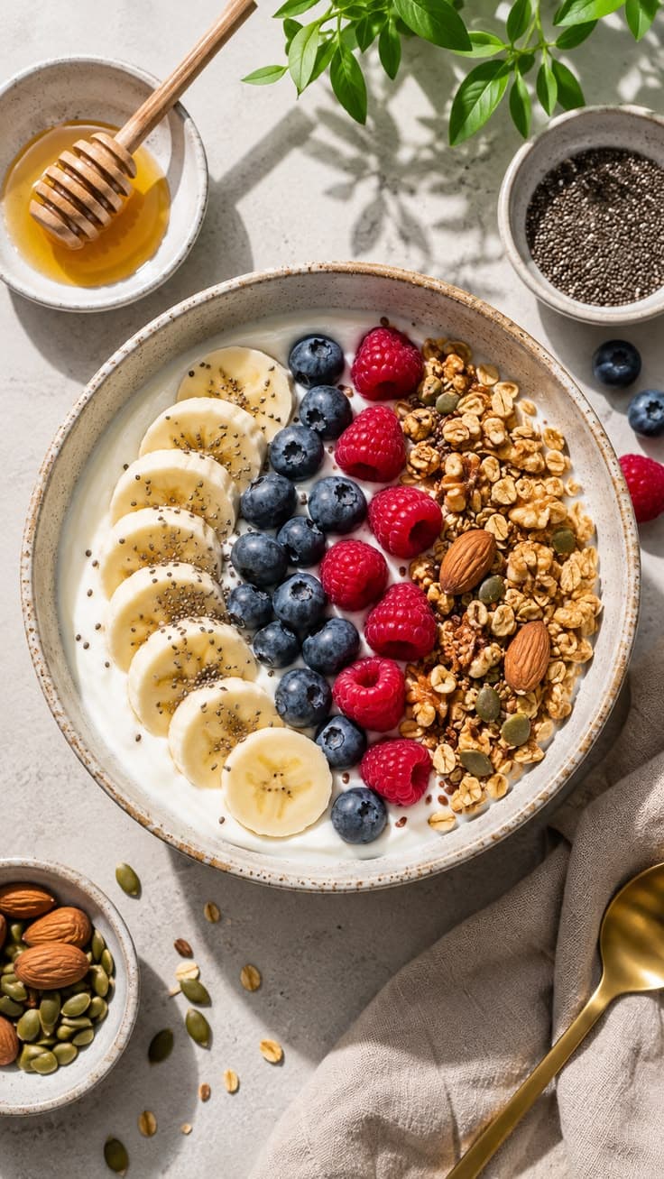 Greek yogurt bowl with berries, banana, chia seeds, almonds and pumpkin seeds