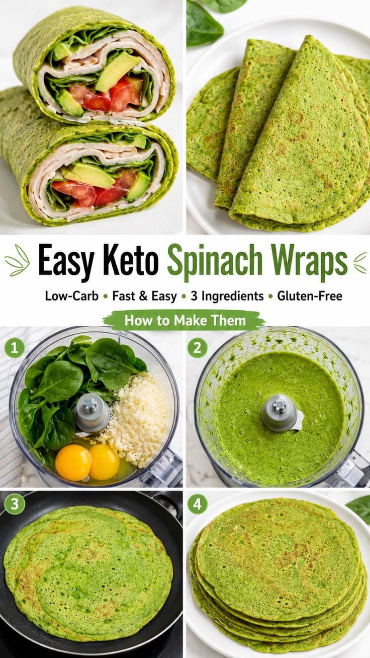 Easy keto spinach wraps with 3 ingredients, step by step
