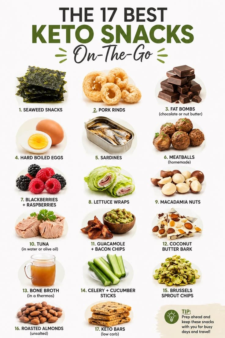 Collection of easy keto snacks including eggs, nuts, berries, seaweed snacks and guacamole