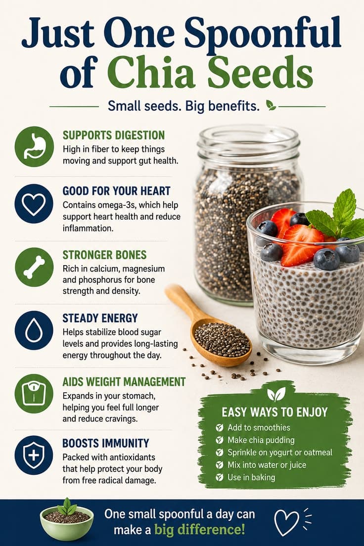 Chia seed benefits infographic: fiber, plant-based omega-3 and more