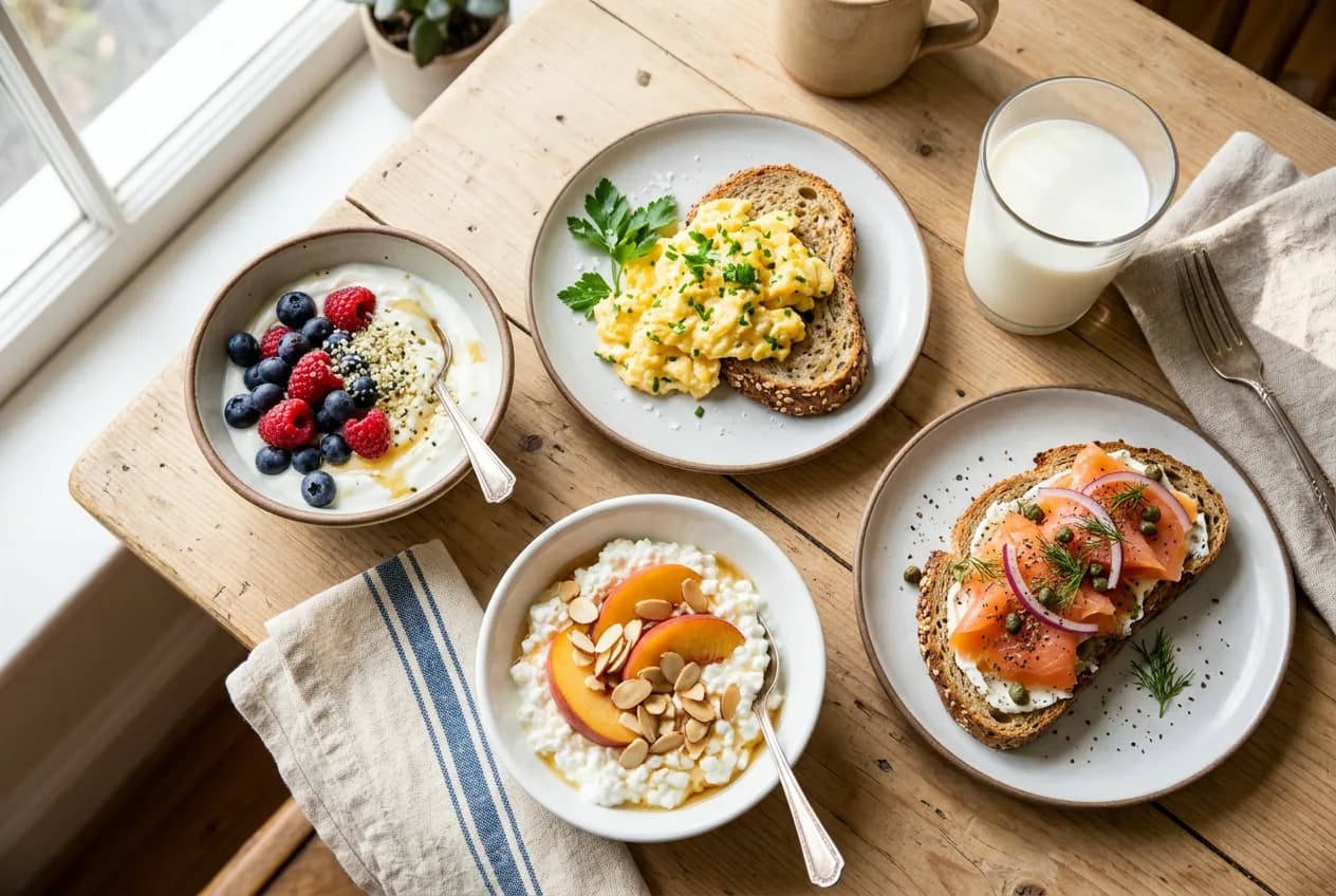 Breakfast table with a Greek yogurt bowl with berries and hemp seeds, scrambled eggs on whole-grain toast, a cottage cheese bowl with peaches and almonds, smoked salmon toast and a glass of milk
