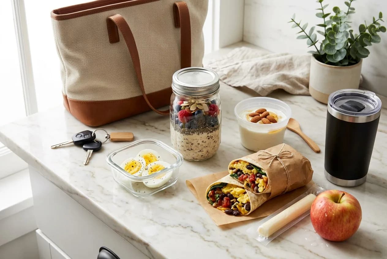 Grab-and-go high-protein breakfasts on a kitchen counter: overnight oats in a jar, hard-boiled eggs, Greek yogurt with almonds, a breakfast burrito, string cheese, an apple and a travel mug
