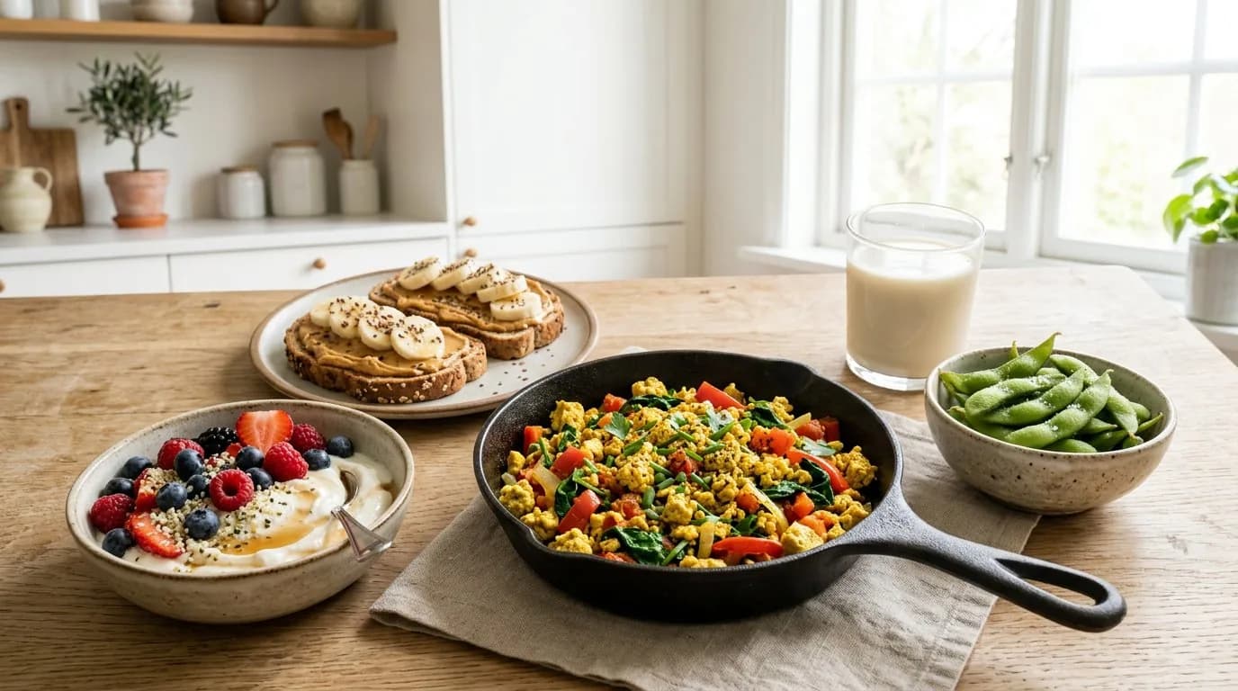 Egg-free high-protein breakfast spread with tofu scramble in a skillet, Greek yogurt with berries, edamame and a glass of soy milk