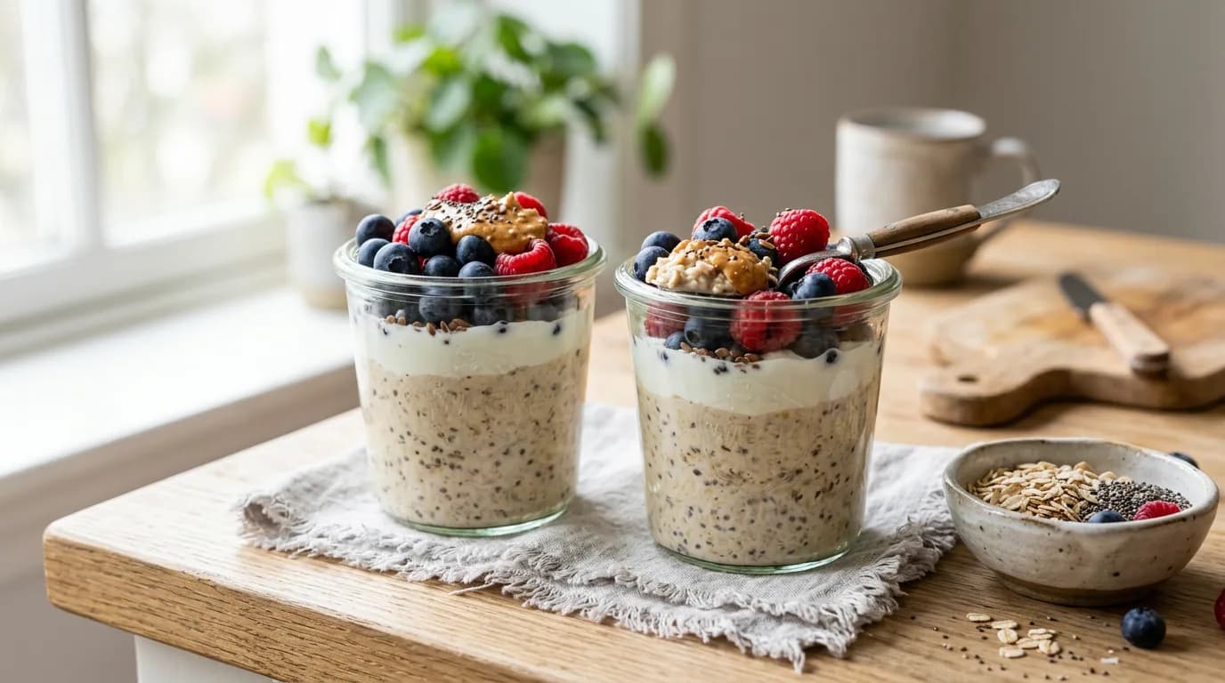 Two jars of high-protein overnight oats with Greek yogurt, berries, peanut butter and chia seeds on a wooden kitchen counter