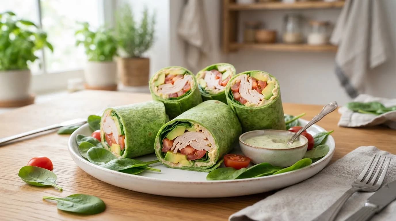 Bright green keto spinach wraps filled with turkey, avocado and tomato, cut in half on a white plate