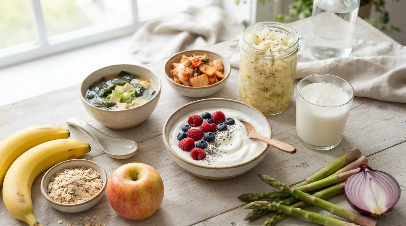 Bowls of Greek yogurt, kefir, sauerkraut, kimchi and miso next to bananas, oats, apples, asparagus and onions on a kitchen table