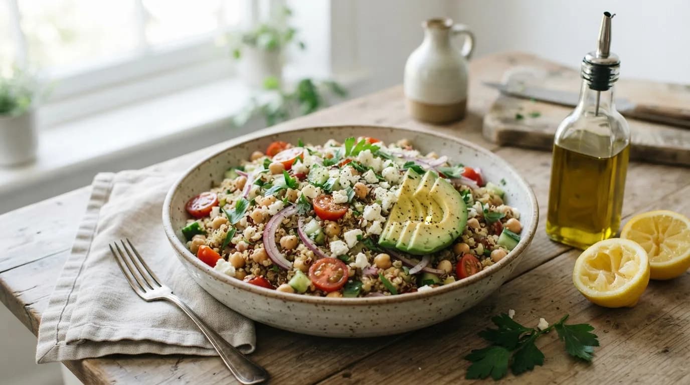 Quinoa chickpea salad with cherry tomatoes, cucumber, feta and sliced avocado in a bowl, with olive oil and lemon