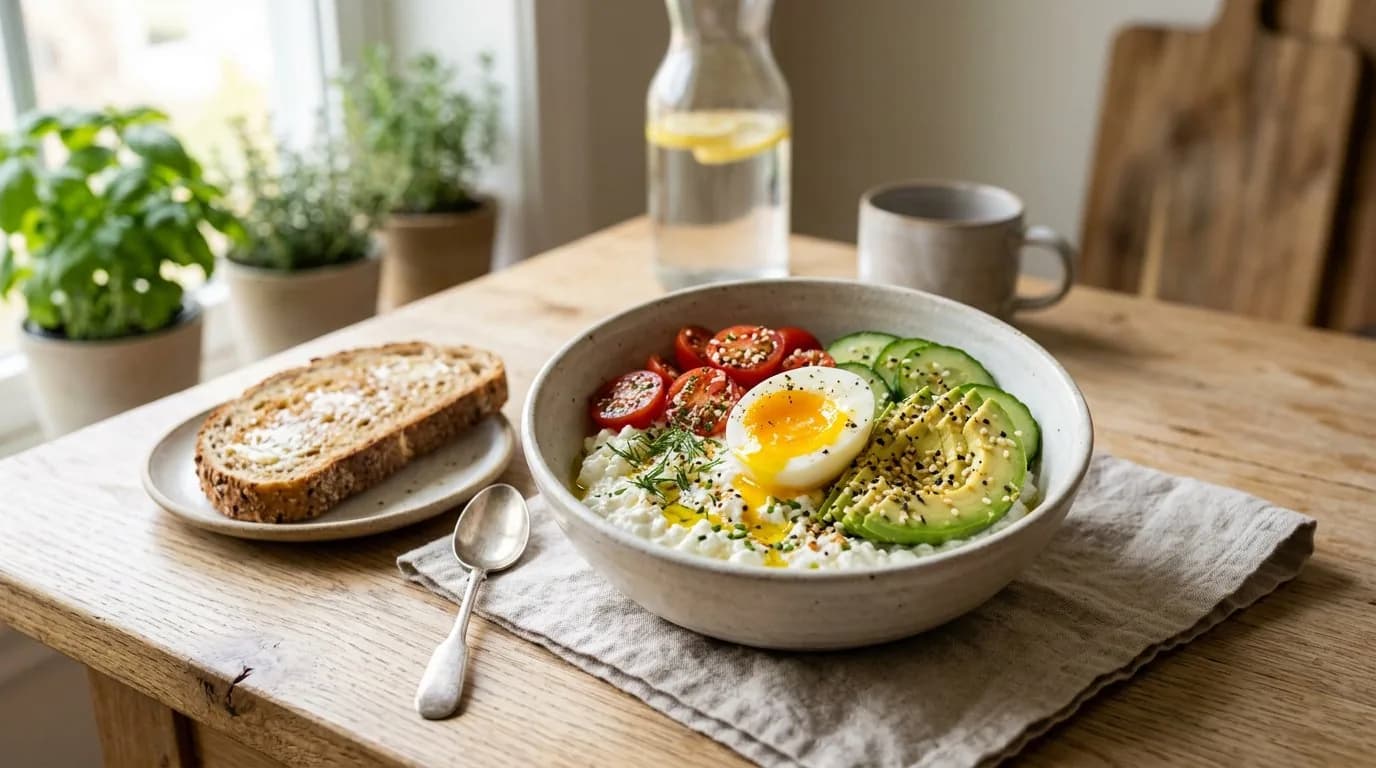 Savory cottage cheese breakfast bowl with a halved soft-boiled egg, cherry tomatoes, cucumber and avocado next to whole-grain toast