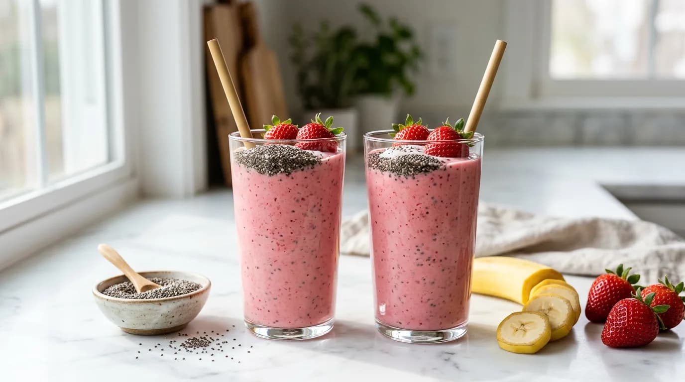 Two glasses of strawberry banana smoothie with Greek yogurt and chia seeds, with fresh strawberries and banana
