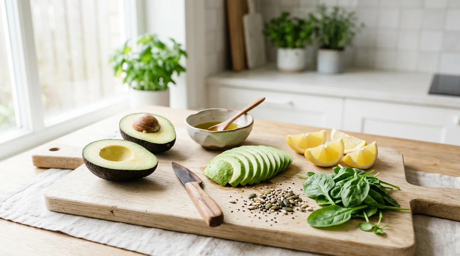 Halved and sliced avocados on a light wooden board with lemon wedges, olive oil, mixed seeds and fresh spinach