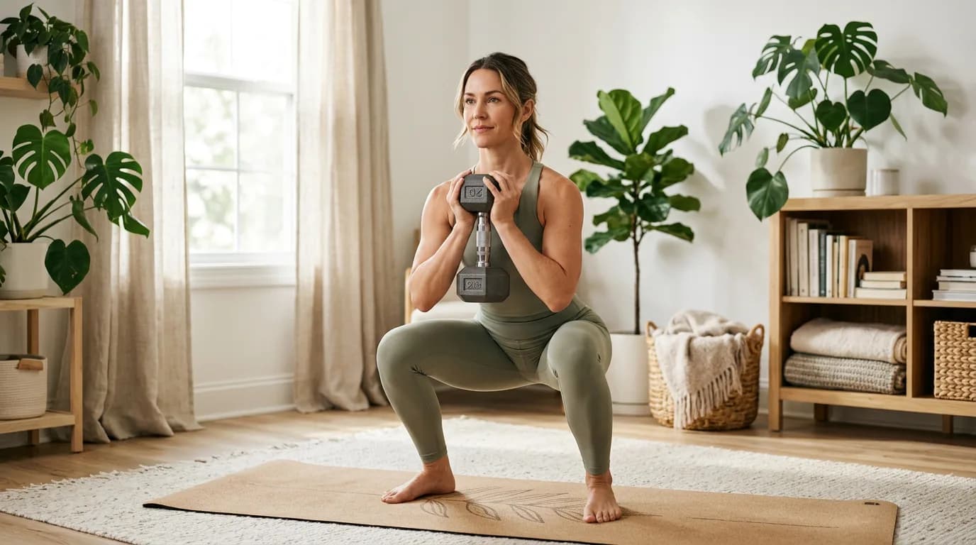 Woman doing a dumbbell squat at home on a yoga mat in a bright living room