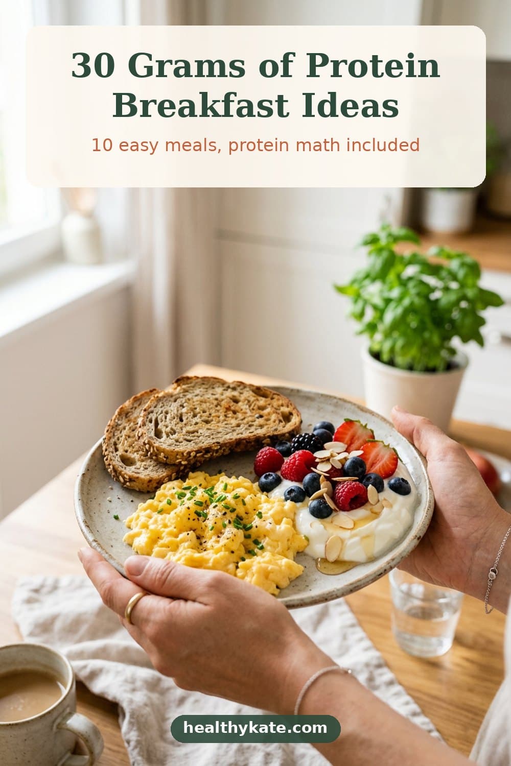 Hands holding a breakfast plate with scrambled eggs, whole-grain toast and Greek yogurt with berries and almonds