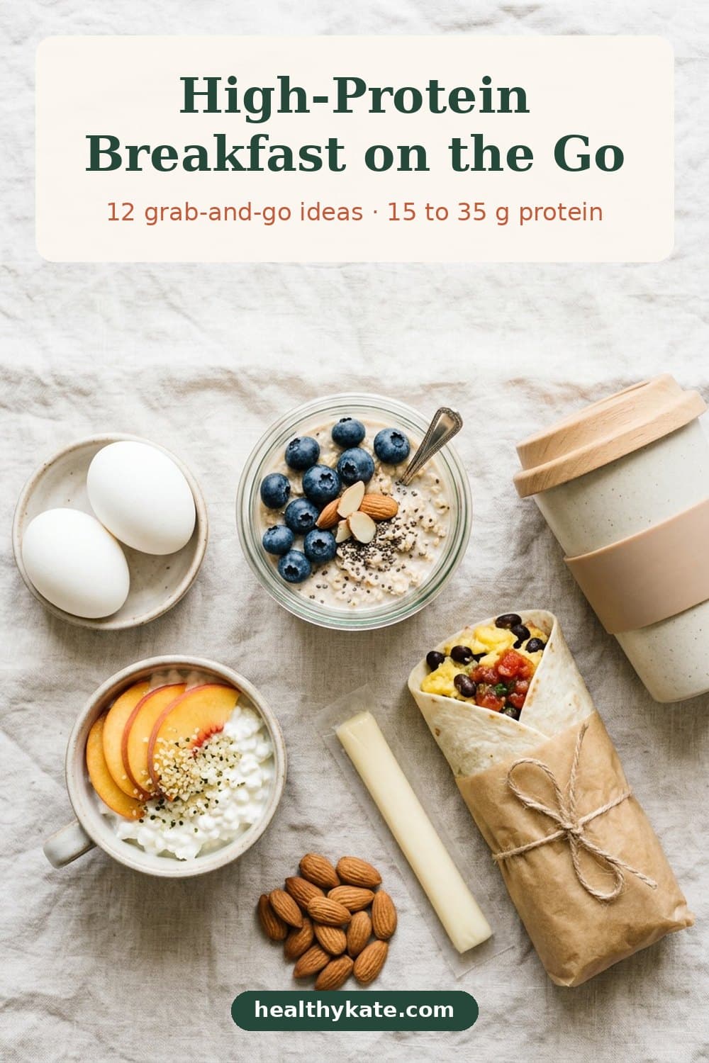 Flat lay of portable high-protein breakfasts: overnight oats with blueberries, hard-boiled eggs, cottage cheese with peaches, a wrapped breakfast burrito, almonds, string cheese and a reusable coffee cup