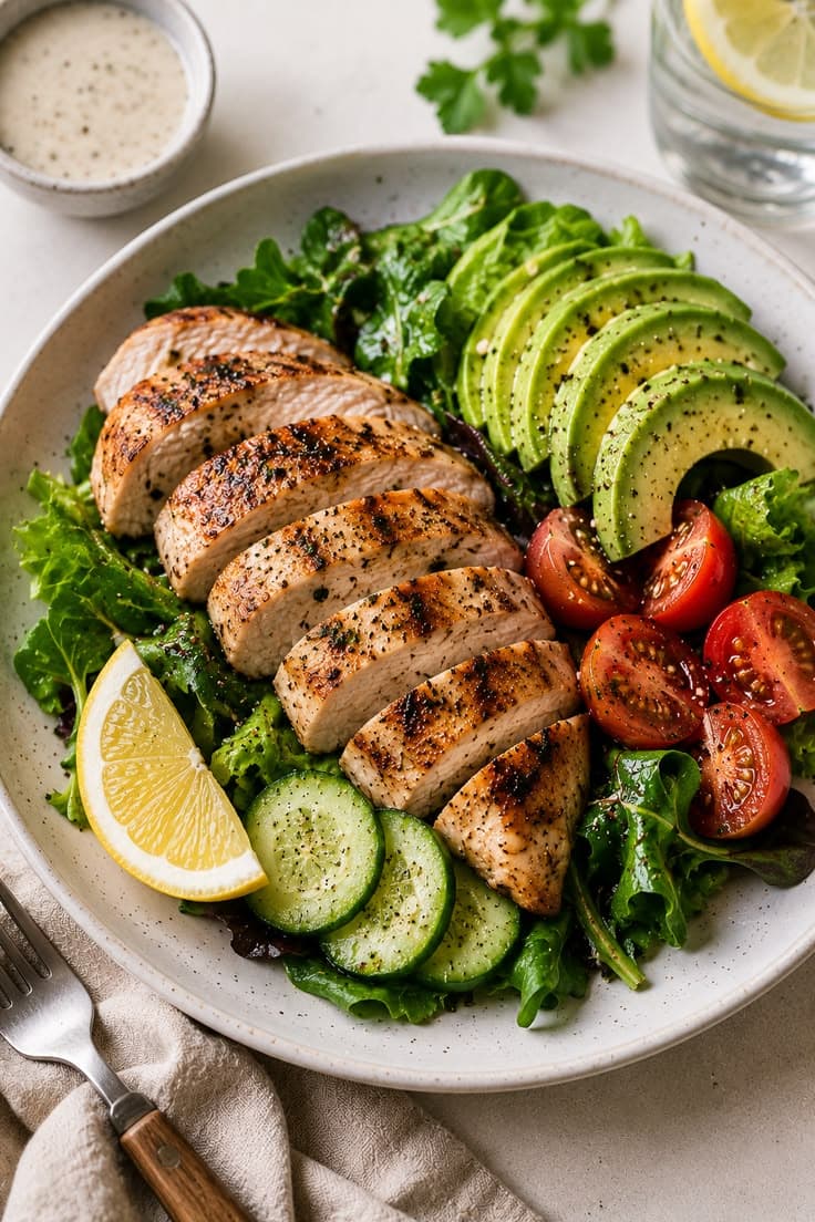 Low-carb salad bowl with sliced chicken breast, avocado, cherry tomatoes, cucumber and leafy greens