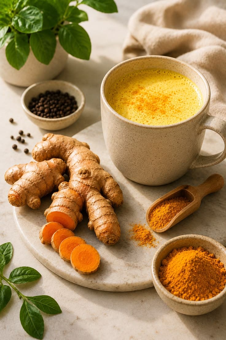 Golden milk with turmeric and black pepper, fresh ginger and turmeric roots