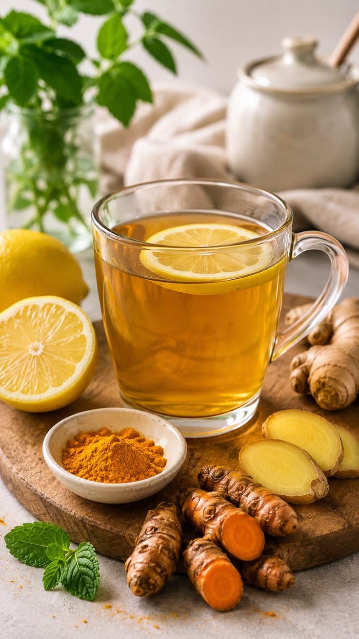 Ginger and turmeric tea with lemon, fresh ginger, turmeric root and mint