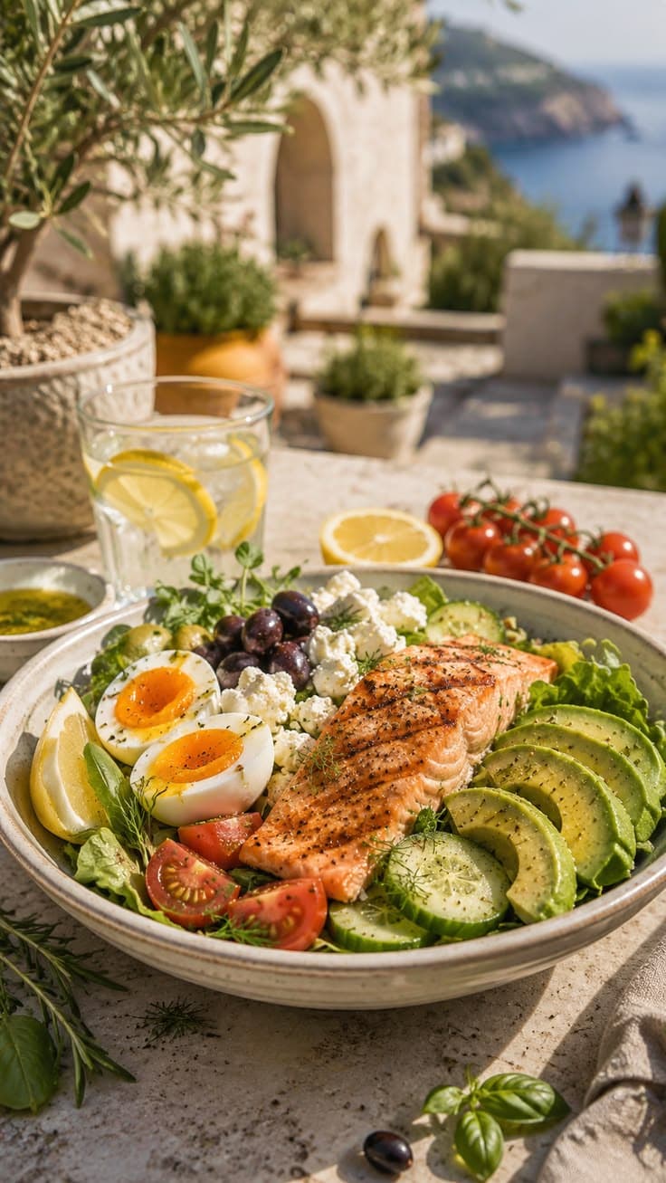 Mediterranean low-carb lunch bowl with salmon, avocado, eggs, feta and olives on a terrace by the sea